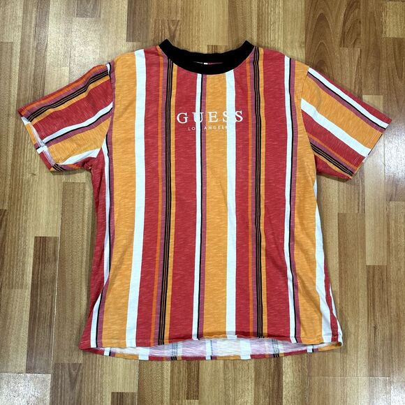 Guess Shirt Mens‎ Large L Orange Yellow Red Stripes Athletic Tee - Picture 1 of 9